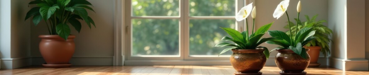 elegant white peace lily plant in a large ornate planter on a wooden floor, indoor gardening, wooden floors, tropical houseplant