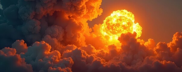 Fiery explosion cloud billowing, bright orange & yellow flames , art, light