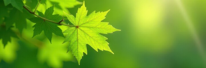 Fresh, vibrant green maple leaves unfurling in springtime , May, branch