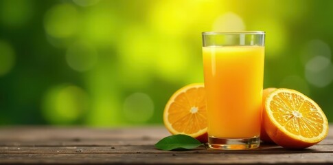 Glass of fresh orange juice, orange slices, wood, nature background, healthy, rustic, breakfast