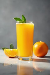 Glass of fresh orange juice reflects on sleek surface, grey backdrop, surface, stock photo