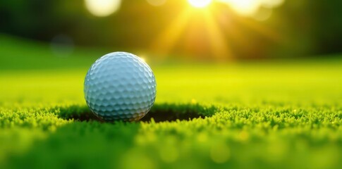 Sunlit golf ball rests near the cup on a verdant putting green , sport, background, close-up