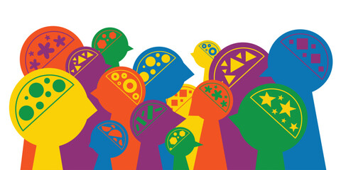 Fototapeta premium Silhouettes of various brain structure banner. Neurodivergent spectrum awareness concept. Different heads, minds and thinking. Cognitive differences inclusion vector flat illustration.