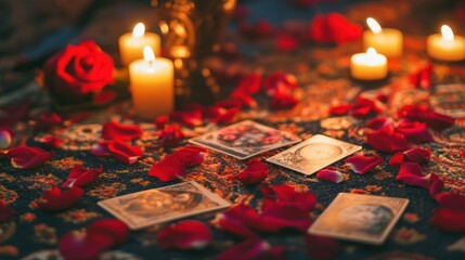 Tarot cards surrounded by lit candles and scattered red rose petals