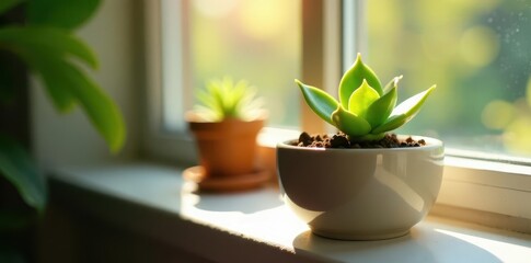 Tiny succulent in ceramic pot, sunny windowsill, image, summer