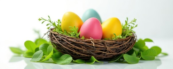 Vibrant colored eggs nestled in a verdant nest against a stark white backdrop , colorful, easter eggs, fauna