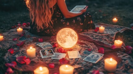 Woman using tarot cards with a glowing moon and candles