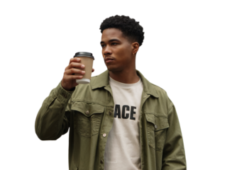 Young man in olive green jacket holding coffee cup outdoors day on transparent background