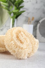 Different loofah sponges on light grey table, closeup