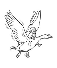 A kid riding on the back of a flying goose