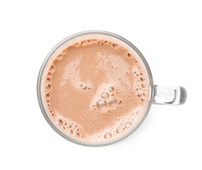 Tasty chocolate milk in glass cup isolated on white, top view