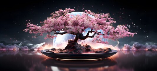 galaxy version of Cherry blossoms bonsai World, ai generative