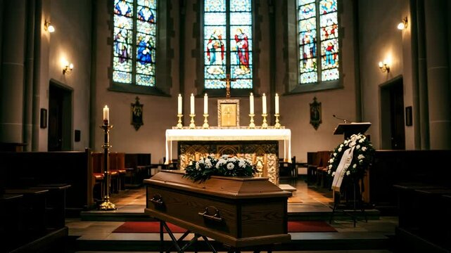 Wooden coffin placed in tranquil church altar with stained glass  