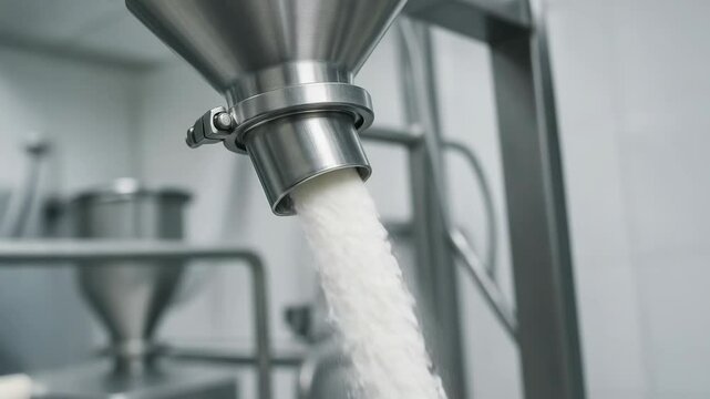 Pharmaceutical active ingredient API powder flows from stainless steel equipment in clean pharmaceutical manufacturing process ensuring high quality and safety standards in production environment