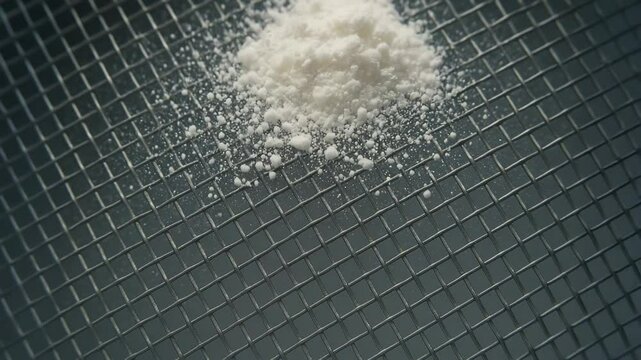 White pharmaceutical powder active ingredient API rests on metal mesh grid texture ensuring fine particle size and purity in pharmaceutical production process for quality control