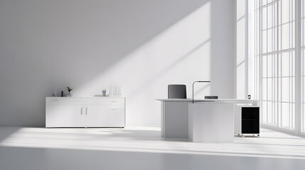 Minimalist white office with abstract geometric shapes and soft lighting, embodying modern simplicity and creative elegance
