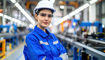 Female engineer in blue uniform stands confidently in manufacturing facility, wearing hard hat and safety glasses, showcasing her expertise and focus in high tech environment