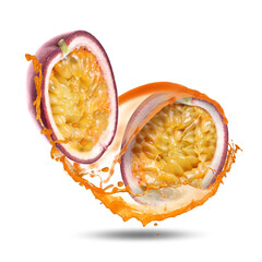 Tasty passion fruit with juice in air on white background