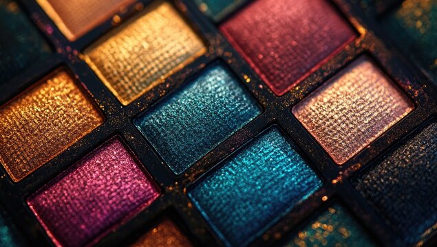 Close-up of a colorful eyeshadow palette.  Many small, square eyeshadow pans in various shades of gold, teal, burgundy, and orange.  Textured surfaces