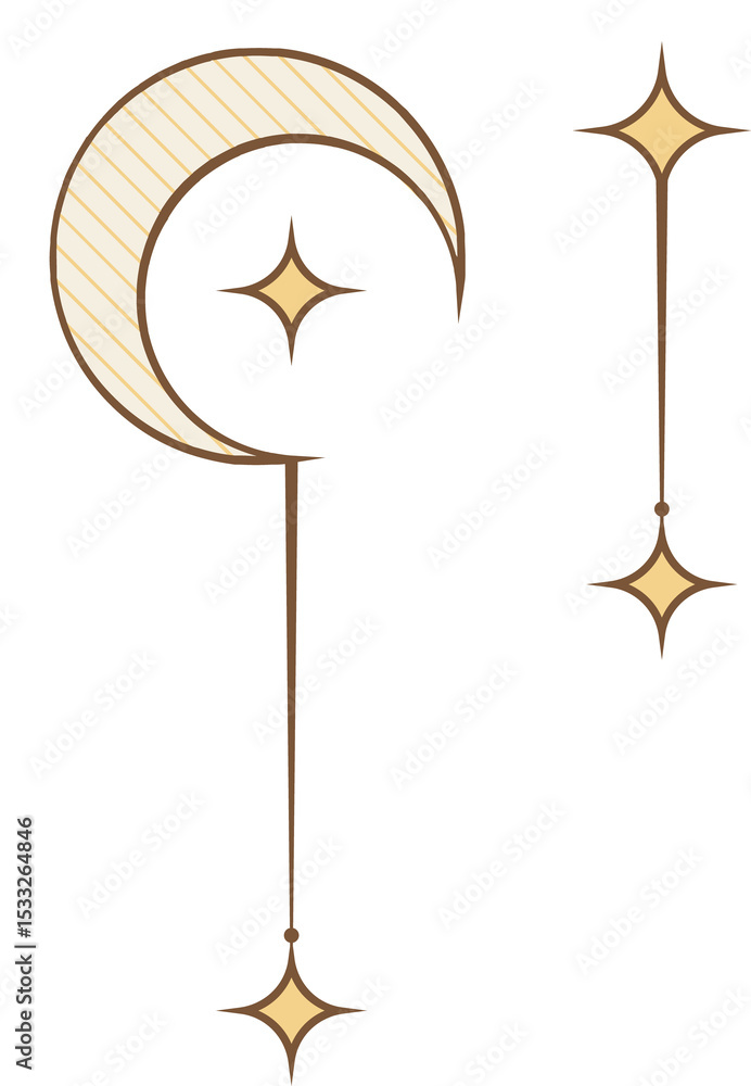 Poster minimal flat line-art moon is floating with star motifs and hatch patterns, transparent background