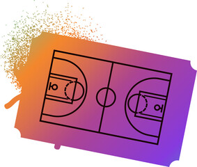 Showing basketball court diagram on orange-purple ticket gradient, pixel splatter on transparent BG