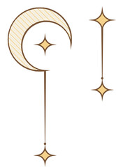 Minimal flat line-art moon is floating with star motifs and hatch patterns, transparent background