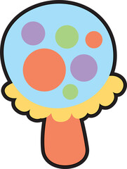 Flat illustration is depicting lollipop with colored dots, scalloped edge on transparent background