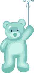 Mint green gradient teddy bear standing on transparent background, holding thin string with bow