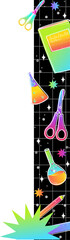 Flat design border is showing stationery, flasks, grid in rainbow gradient on transparent canvas