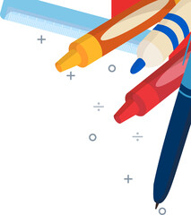 Writing tools are floating in flat style showing ruler, geometric symbols on transparent background