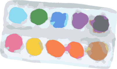 Watercolor palette tray is displaying ten paint wells on transparent background in flat design