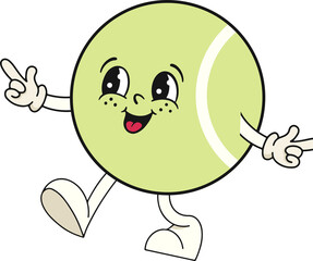 Cartoon tennis ball character is skipping in flat design with gloves, shoes, transparent background
