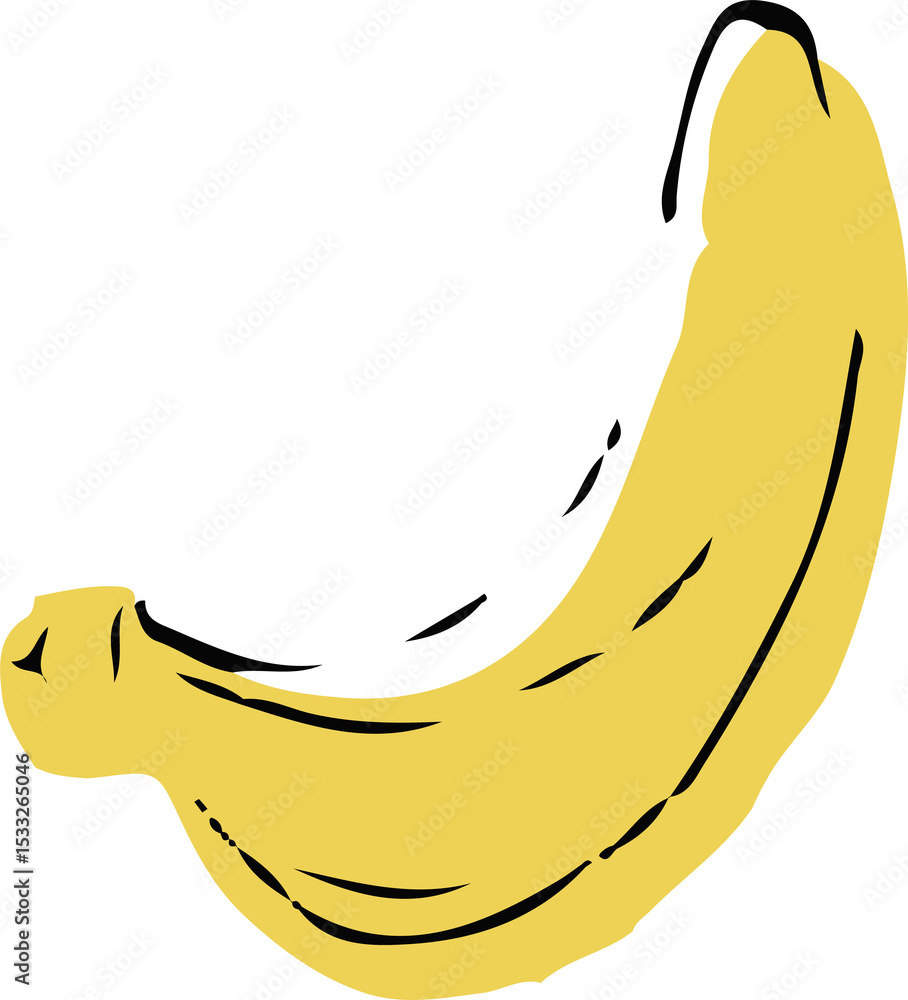 Poster vector-style bright yellow banana is floating with black lines on transparent background