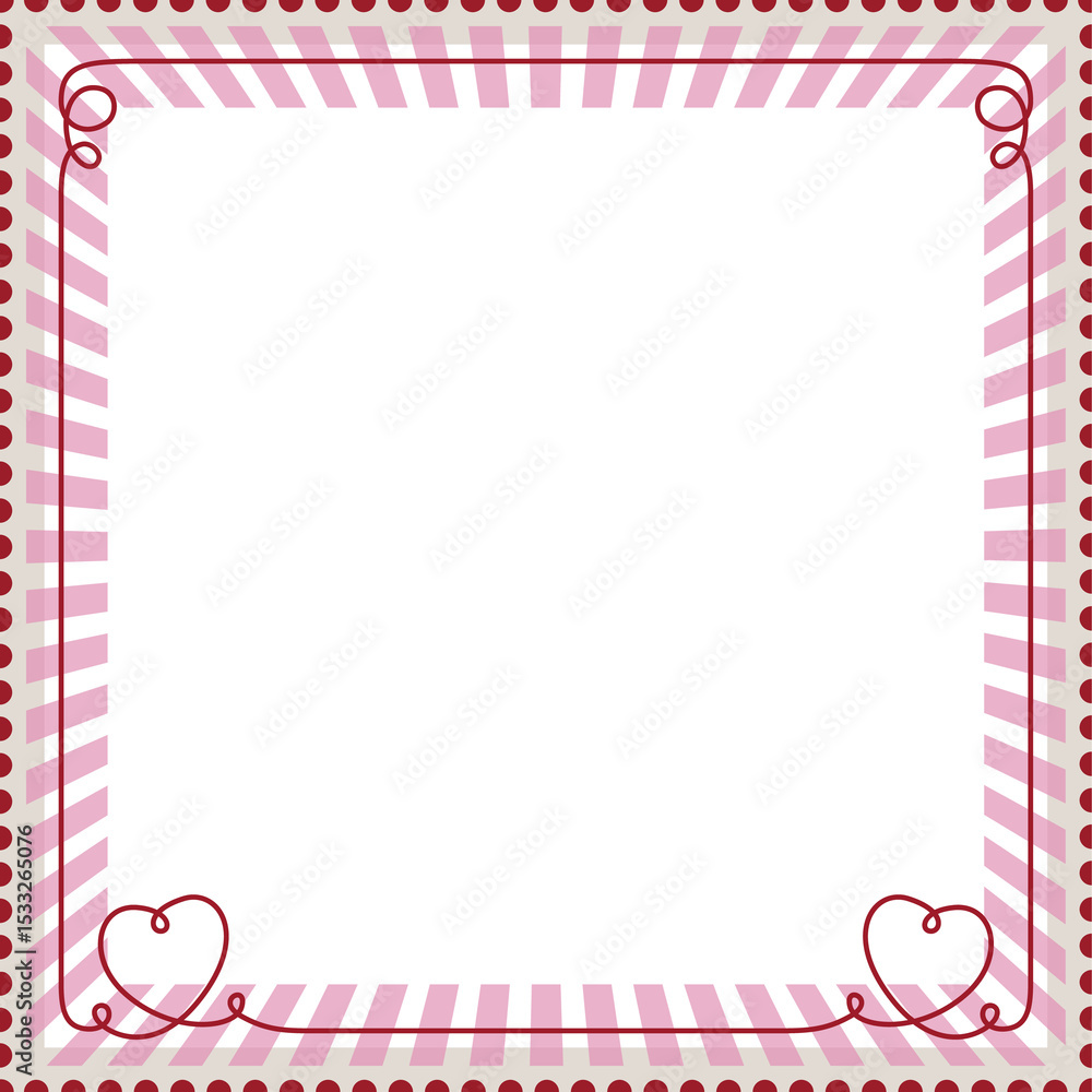 Poster displaying flat frame with maroon dots and pink stripes on transparent layer, tracing heart shapes