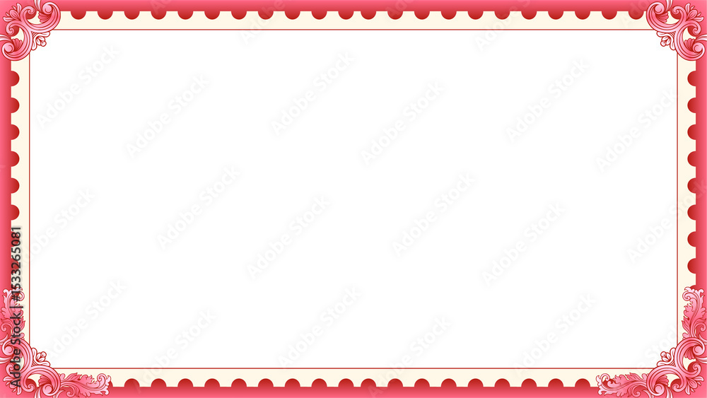 Aufkleber vector showing red-pink scalloped frame with floral scrolls on transparent background copy space