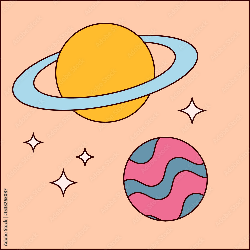 Aufkleber ringed and wavy planets are floating in flat design with transparent background and star sparkles