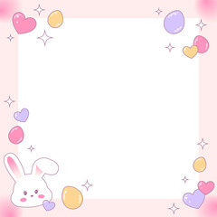 Pastel flat frame is featuring hearts, eggs, sparkles and bunny head on transparent background