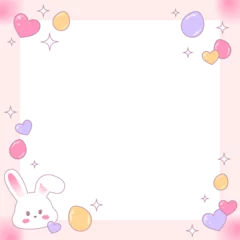 Fotobehang Pastel flat frame is featuring hearts, eggs, sparkles and bunny head on transparent background © vectorfusionart