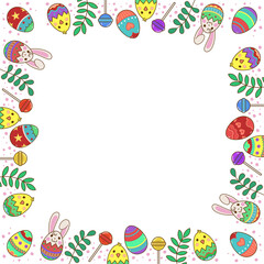 Fototapeta premium Flat Easter border is featuring eggs, chicks, bunnies, candies, sprigs on clear bg, copy space