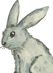 Stylized rabbit illustration showing fur texture and tall ears on transparent backdrop, copy space