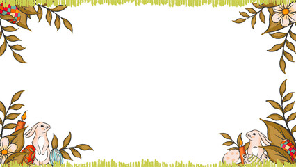 Fototapeta premium Easter flat frame is showing bunny duo, eggs and carrots on transparent background, copy space