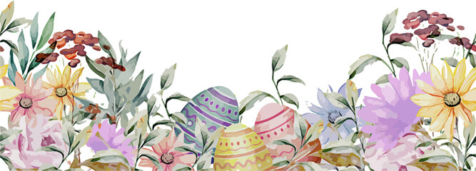 Pastel decorated eggs and spring flowers are floating in flat design on transparent background