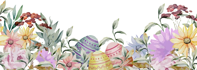 Fotobehang Pastel decorated eggs and spring flowers are floating in flat design on transparent background © vectorfusionart