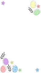 Fototapeta premium Flat design Easter border is showing pastel eggs, flower sprigs, transparent background, copy space