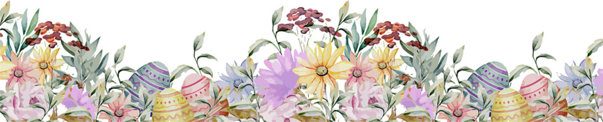 Watercolor border showing striped dotted zigzag Easter eggs among spring blooms on clear canvas