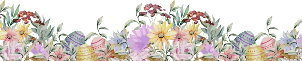 Fotobehang Watercolor border showing striped dotted zigzag Easter eggs among spring blooms on clear canvas © vectorfusionart