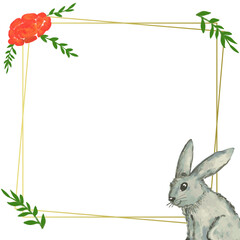Golden frame is showing red blooms, sprigs, watercolor rabbit on transparent background, copy space