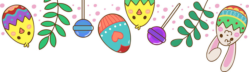 Garland is hanging in flat design on transparent background with eggs, chick faces, bunny ornaments