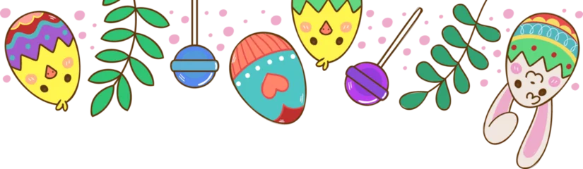 Fotobehang Garland is hanging in flat design on transparent background with eggs, chick faces, bunny ornaments © vectorfusionart