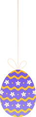 Fotobehang Flat lilac egg is hanging from beige bow, showing yellow-white floral waves, transparent background © vectorfusionart